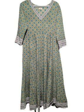 Dori Indian Hand-Printed Lightweight 100% Cotton Summer Maxi Dress Kaftan -L/XL-